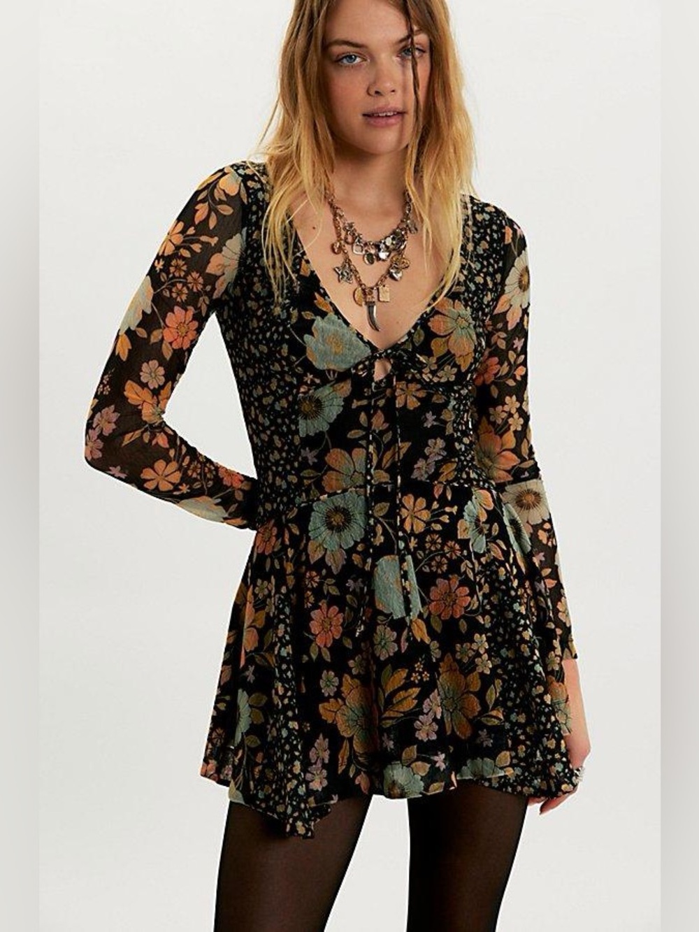 Free People Black Floral Long-Sleeve Mini Dress